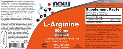 Photo of the NOW L-Arginine 500 mg label