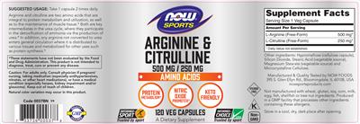 Photo of the NOW Sports Arginine & Citrulline 500 mg/250 mg label