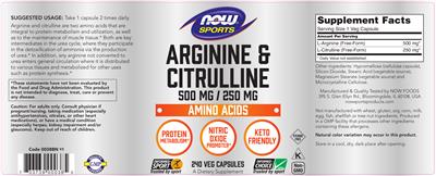 Photo of the NOW Sports Arginine & Citrulline 500 mg / 250 mg label