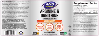 Photo of the NOW Sports Arginine & Ornithine 500 mg / 250 mg label