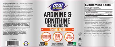 Photo of the NOW Sports Arginine & Ornithine 500 mg / 250 mg label