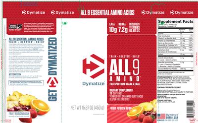 Photo of the Dymatize All9 Amino Fruit Fusion Rush label
