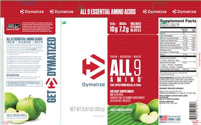 Photo of the Dymatize All9 Amino Jolly Green Apple label