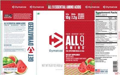 Photo of the Dymatize All9 Amino Juicy Watermelon label