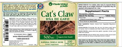 Photo of the Vitamin World Cat's Claw Una De Gato 500 mg label