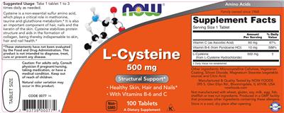 Photo of the NOW L-Cysteine 500 mg label