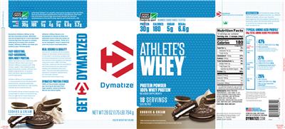 Photo of the Dymatize Athlete's Whey Cookies & Cream label