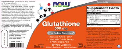 Photo of the NOW Glutathione 500 mg label