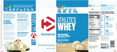 Photo of the Dymatize Athlete's Whey Vanilla Shake label