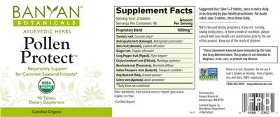 Photo of the Banyan Botanicals Pollen Protect label