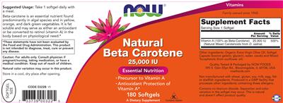 Photo of the NOW Natural Beta Carotene 25,000 IU label
