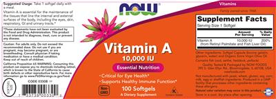 Photo of the NOW Vitamin A 10,000 IU label
