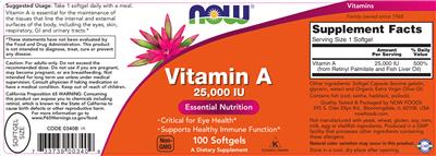 Photo of the NOW Vitamin A 25,000 IU label