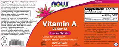 Photo of the NOW Vitamin A 25,000 IU label