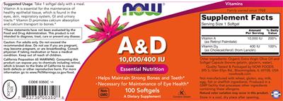 Photo of the NOW A&D 10,000/400 IU label