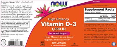 Photo of the NOW High Potency Vitamin D-3 1,000 IU label