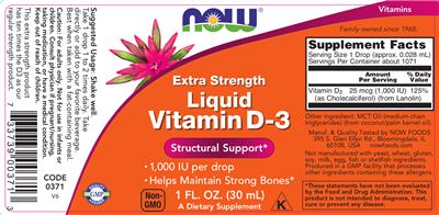 Photo of the NOW Extra Strength Liquid Vitamin D-3 1,000 IU label