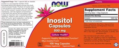 Photo of the NOW Inositol Capsules 500 mg label