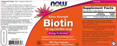 Photo of the NOW Extra Strength Biotin 10 mg (10,000 mcg) label