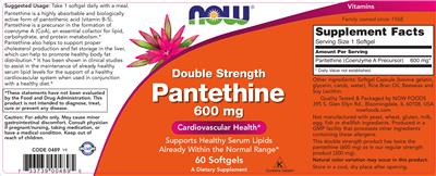Photo of the NOW Double Strength Pantethine 600 mg label