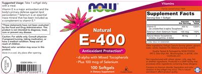 Photo of the NOW Natural E-400 label