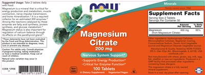 Photo of the NOW Magnesium Citrate 200 mg label