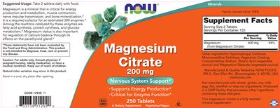 Photo of the NOW Magnesium Citrate 200 mg label