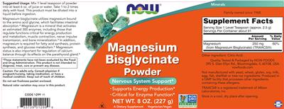 Photo of the NOW Magnesium Bisglycinate Powder label
