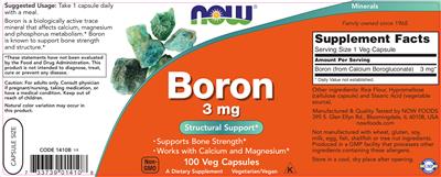 Photo of the NOW Boron 3 mg label