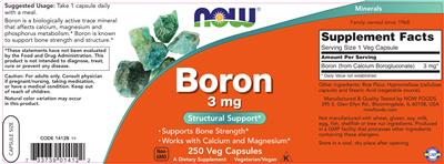 Photo of the NOW Boron 3 mg label