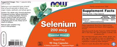 Photo of the NOW Selenium 200 mcg label