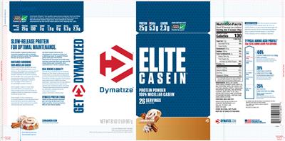Photo of the Dymatize Elite Casein Cinnamon Bun label