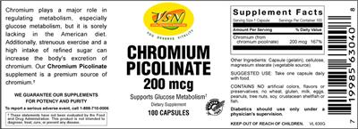 Photo of the VSN Vital Strength Nutrition Chromium Picolinate 200 mcg label
