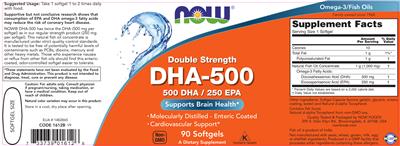 Photo of the NOW Double Strength DHA-500 label