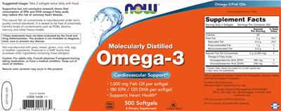 Photo of the NOW Molecularly Distilled Omega-3 label