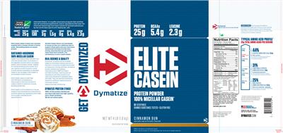 Photo of the Dymatize Elite Casein Cinnamon Bun label