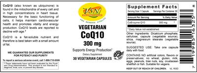 Photo of the VSN Vital Strength Nutrition Vegetarian CoQ10 300 mg label