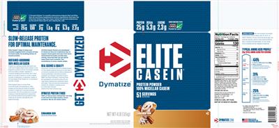 Photo of the Dymatize Elite Casein Cinnamon Bun label