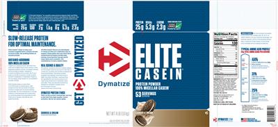 Photo of the Dymatize Elite Casein Cookies & Cream label