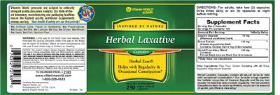 Photo of the Vitamin World Herbal Laxative Capsules label