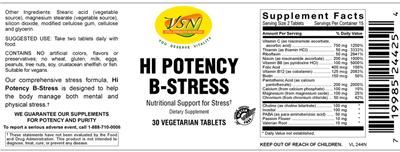 Photo of the VSN Vital Strength Nutrition Hi Potency B-Stress label