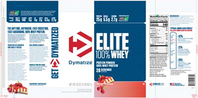 Photo of the Dymatize Elite 100% Whey Raspberry Cheesecake label