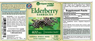 Photo of the Vitamin World Elderberry Sambucus 400 mg label