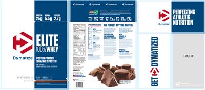 Photo of the Dymatize Elite 100% Whey Rich Chocolate label