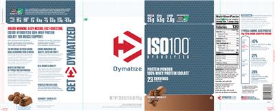 Photo of the Dymatize ISO100 Hydrolyzed Gourmet Chocolate label