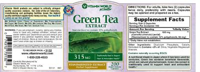 Photo of the Vitamin World Green Tea Extract 315 mg label