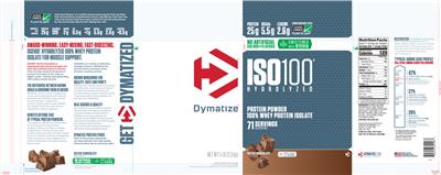 Photo of the Dymatize ISO100 Hydrolyzed Dutch Chocolate label