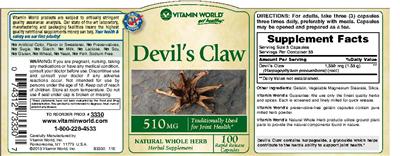 Photo of the Vitamin World Devil's Claw 510 mg label