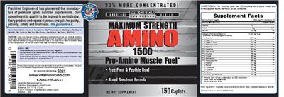 Photo of the Precision Engineered Maximum Strength Amino 1500 label