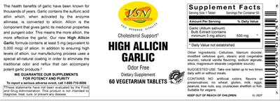 Photo of the VSN Vital Strength Nutrition High Allicin Garlic label